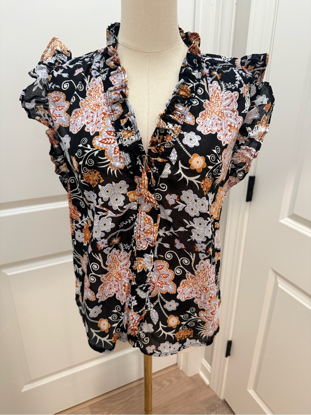 Elan Black Floral Ruffle V-Neck Blouse